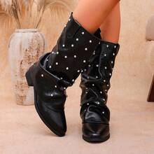 Women's Fashion Pointed Toe Low Heel Rivet Western Style Holiday Pleated Boots - Black - View 6