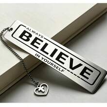 1pc Inspirational English Engraved Stainless Steel Bookmark Always Believe In Yourself Heart Cross Pendant Metal Reading Marker - D - View 4