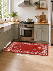 1pc Christmas Red Snowflake Pine Tree Border Kitchen Mat, Vintage Holiday Geometric Pattern Absorbent Non-Slip Foot Mat, Durable Easy Clean Rectangular Rug, Suitable For Kitchen Sink, Entryway, Hallway, Laundry Room, Bathroom And Christmas Home Decor - Multicolor - View 12