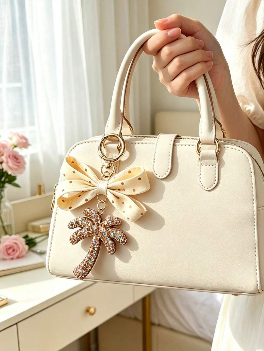 Gantungan Kunci Pohon Kelapa Bertatahkan Rhinestone Berkilau dengan Pita Polkadot Vintage dan Liontin, Hadiah Hari Valentine, Kembali ke Sekolah, Ramadan, Ulang Tahun - MultiWarna - View 1