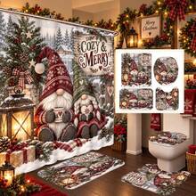 1pc/4pcs Patterned Multi-Functional Bathroom Decor Shower Curtain Set Free 12 Hooks Premium Holiday Atmosphere Bathroom Mat U-Shaped Floor Mat And Round Toilet Lid Cover Suitable For All Scenes Decoration Bathroom Set - Couple's Dwarf Figurines - View 1