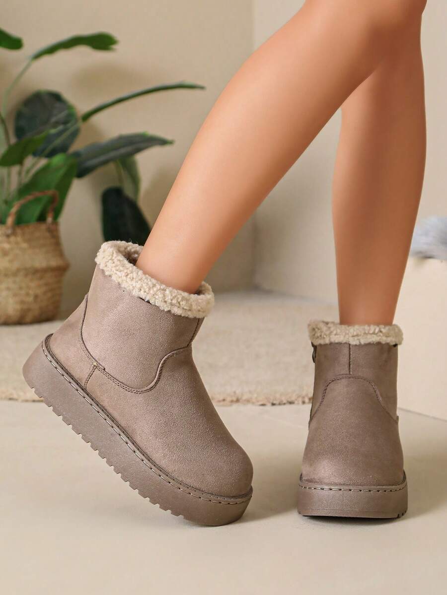 Women's Solid Color Faux Suede Thick Sole Ankle Boots, Beige Curly Fur Collar With Side Zipper Decor Thick Sole Ankle Boots - Grey - View 1