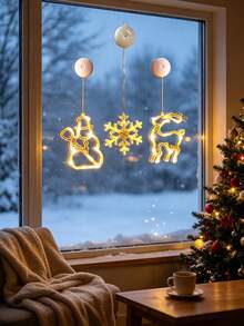 1pc Warm Yellow Christmas Window Light, LED Suction Cup Light, Indoor Christmas Decoration, Snowman, Snowflake, Reindeer Pattern, Battery Powered Indoor/Outdoor Decoration, Christmas Tree Party Home Decor (Battery Not Included) - Multicolor - View 2