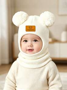 2-Ball Solid Color Baby Knitted Hat, Ear-Protective Knitted Hat & Scarf 2-In-1, Autumn/Winter Children's Hat - Multicolor - View 3