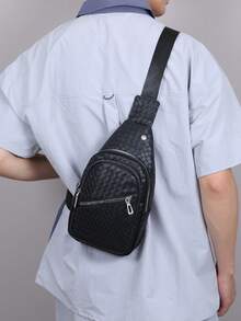 Men's Woven Sling Chest Bag, PU Leather Crossbody Backpack, Casual Daypack For Daily Travel Outdoor - Black - View 2