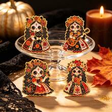 Cute Day Of The Dead Girl Enamel Pin Set, Sugar Skull Lapel Pins, Gothic Floral Skeleton Brooch For Backpack Clothing Hat, Halloween Gift For Friends - Multicolor - View 9