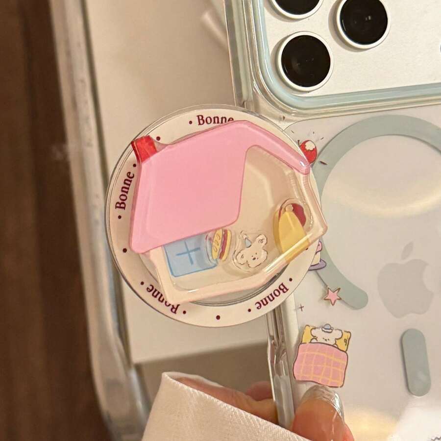 1pc Cute Pink House Shifting Quicksand Magnetic Phone Grip, 360° Rotatable Cartoon Phone Ring Holder, Anti-Drop Universal Smartphone Back Stand, Kawaii Phone Accessory - Multicolor - View 1