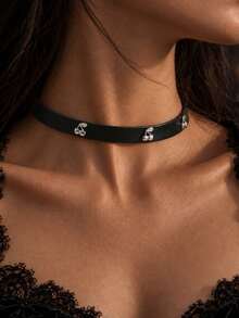 1pc Gothic Stainless Steel Cherry Blossom Flower Leather Choker Necklace For Women, Halloween Jewelry Accessory - Black - View 2