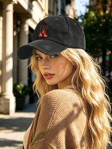 1pc Solid Color Corduroy Baseball Cap, A‑Z Letter Embroidery, Halloween Vibe, Suitable For Spring, Autumn, And Winter, For Fall Winter Outfits - Black - View 3