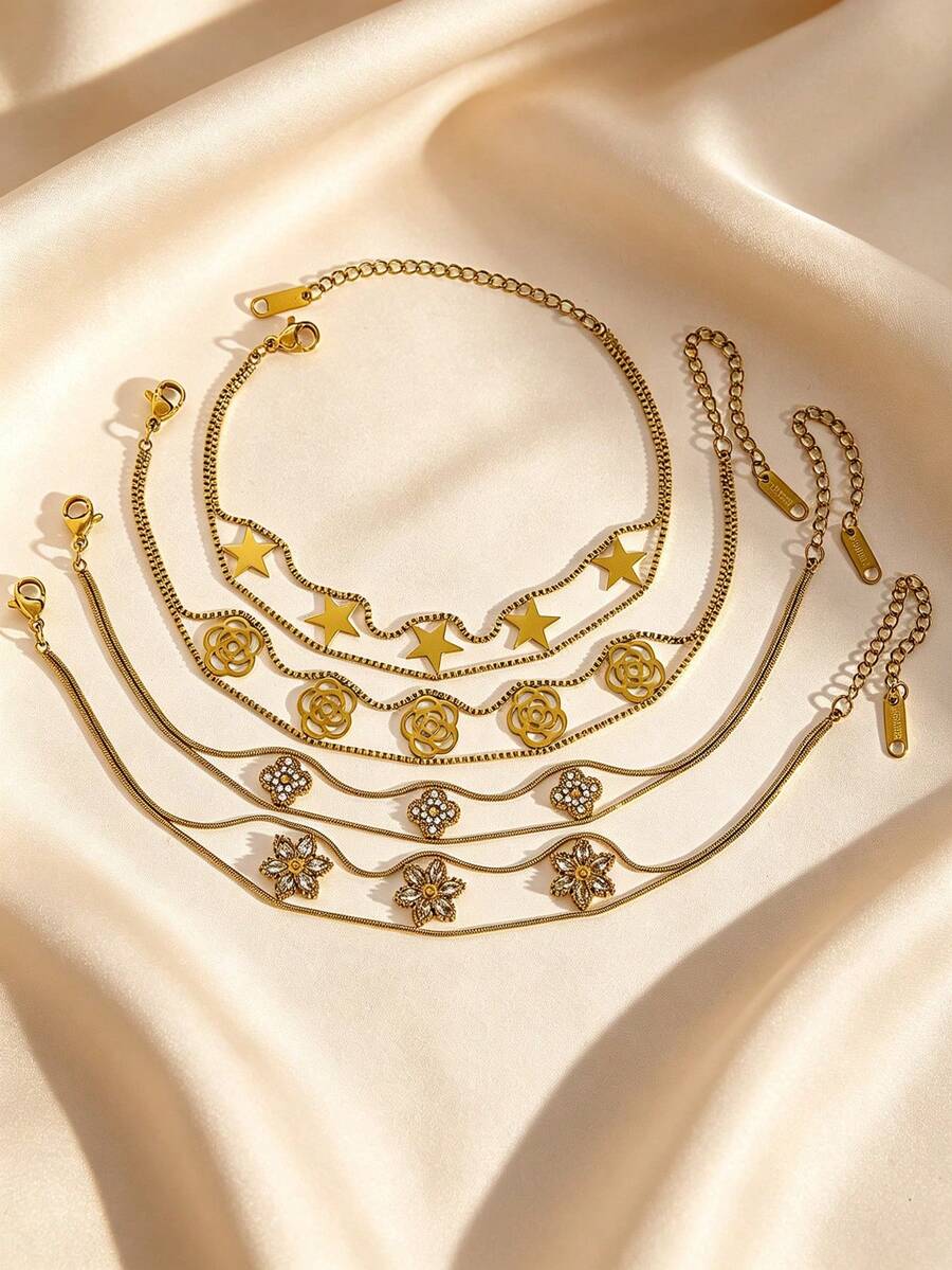 Wavy Snake Chain Choker,304 Stainless Steel Star Camellia Rhinestone Flower Necklace Women Stackable Jewelry - Yellow Gold - View 1