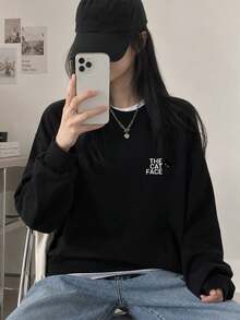 Women's Fashion Autumn/Winter Loose Casual Versatile Letter & Cartoon Cat Print Crew Neck Sweatshirt - Black - View 1