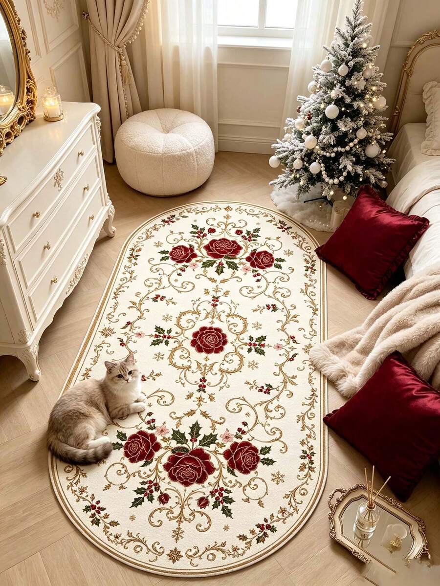 1pc Rose Pattern Bedside Rug, Christmas Gift, Area Rug, Mat, Home Decor, Room Decor, Washable Carpet - Multicolor - View 1