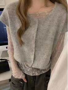 New Women's Spring/Autumn Asymmetrical Knit Short Sleeve Cardigan With 4-Way Stretch Flared Sleeves And Lace Camisole 2 Pieces Set - Grey - View 8