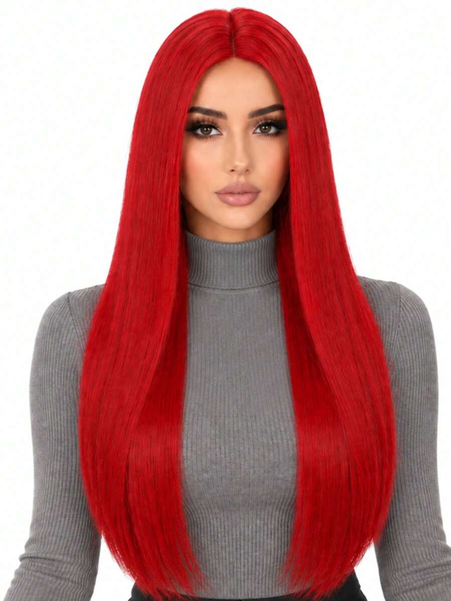 28 Inch Red Middle Part Straight Hair Wig, Comfortable Wear, Suitable For All Women Party Ball Dress Up Long Straight Wig. - Red - View 1