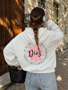 Sweet-Cool Style Printed Hoodie For Women: Relaxed, Dropped-Shoulder, Loose-Fit, Versatile, Drawstring, Pockets, Casual Pullover Top - White - View 7