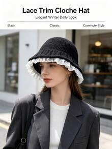 Women's Lace Trim Knitted Bucket Hat, Vintage Ruffle Edge Basin Hat, Soft Warm Woolen Cap For Autumn/Winter, Daily Outing Atmosphere Hat, 3 Colors Available - Multicolor - View 6