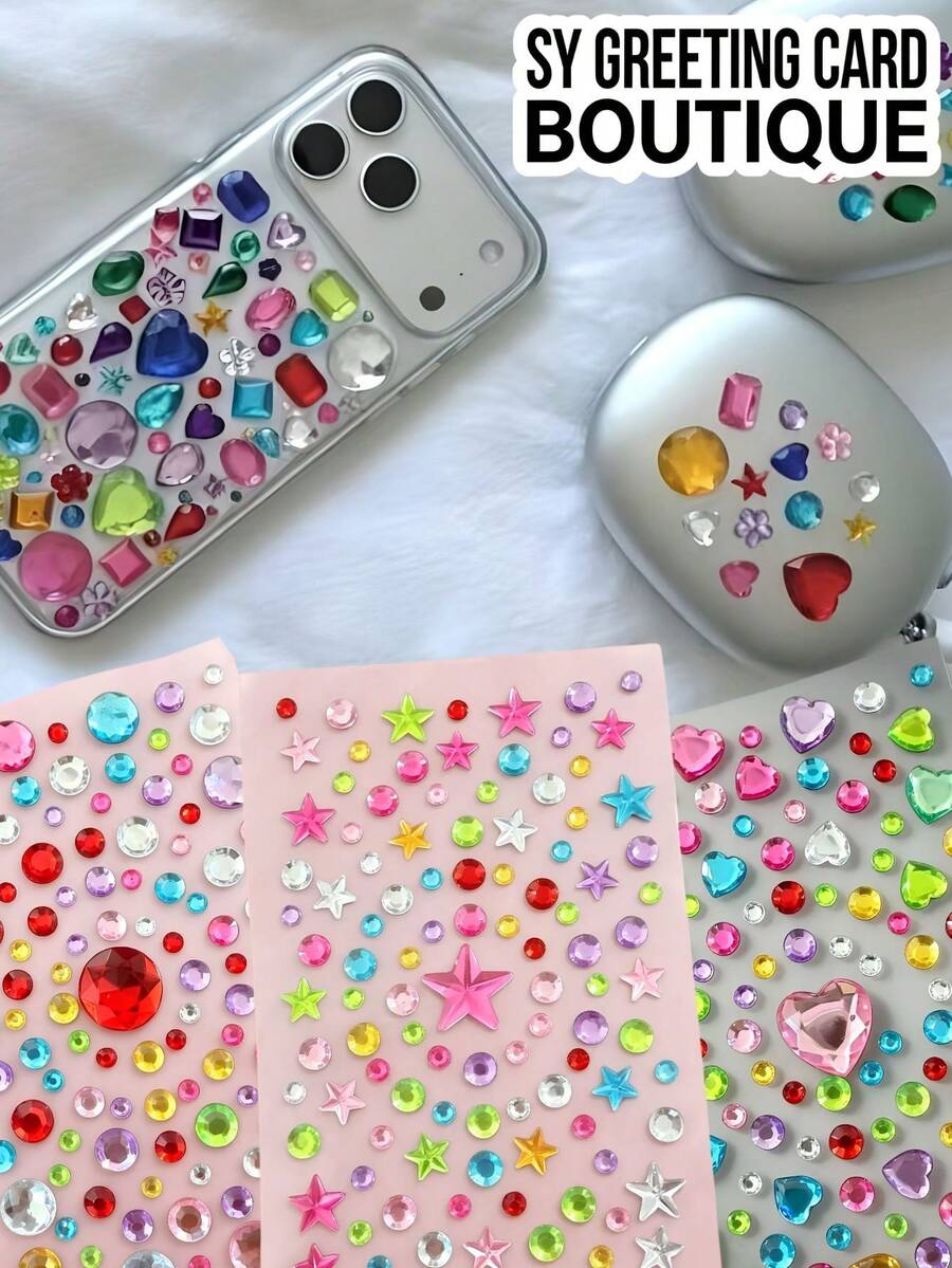 1pc Colorful Faux Crystal Decorative Sticker, Round Diamond + Five-Pointed Star + Heart Multi-Shape Acrylic Self-Adhesive Patch, Surface Embellishment Sticker For Phone Case, Tablet And Other Digital Device Shell Decoration - Decorative Stickers - View 1