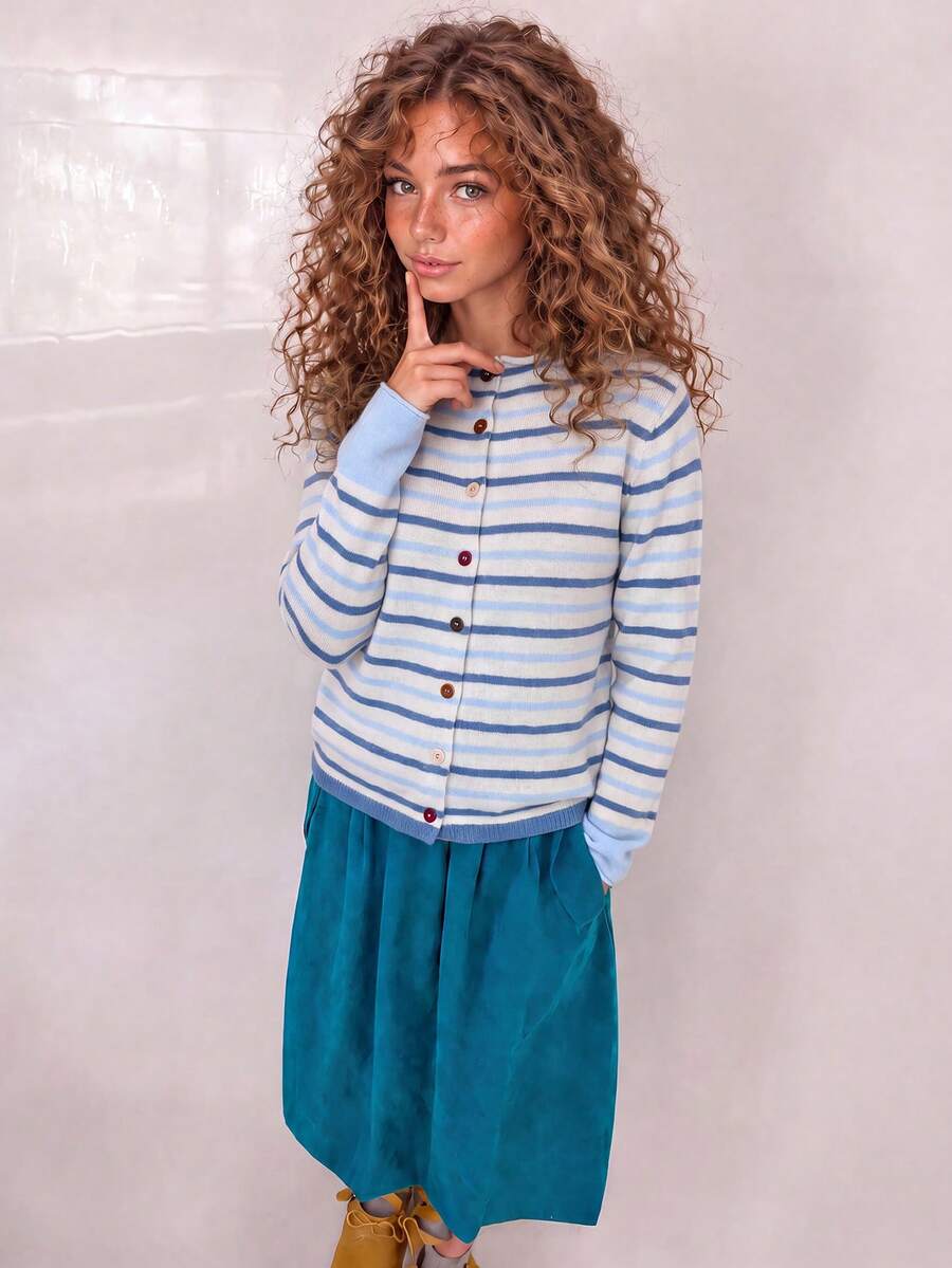 Women's New Casual Retro Striped Knit Cardigan, Long Sleeve Round Neck, Suitable For Autumn/Winter Daily Wear - Blue and White - View 1