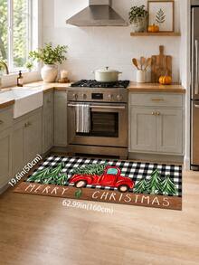 1pc Christmas Black & White Plaid Print Kitchen Floor Mat, Merry Christmas Lettering Red Vintage Truck & Christmas Tree Pattern Long Runner Rug, Wood Grain Patchwork American Country Farmhouse Style - Multicolor - View 8