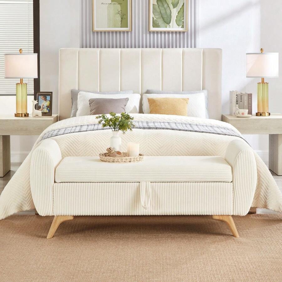 Velvet Folding Bench With Storage And Wooden Legs - 145*51*57, For Bedroom, Living Room And Hallway - Beige + Corduroy - View 1