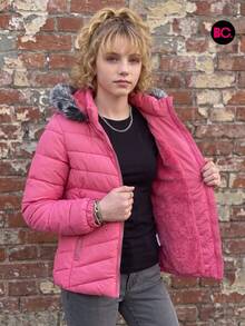 Chamarra Acolchada Para Niña Con Capucha Desmontable Y Peluche, Cierre Frontal, Bolsillos Con Cierre, Casual Para Invierno, Escuela, Paseos, Viajes Y Uso Diario Infantil Big City Moda Casual - Fucsia - Ver 5