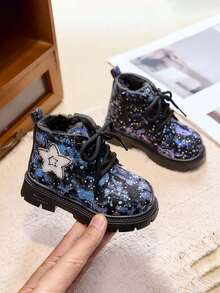 Kids Starry Print Thermal Lined Boots Lace-Up Thick Sole Anti-Slip Warm Winter Ankle Boots For Boys And Girls - Blue - View 3