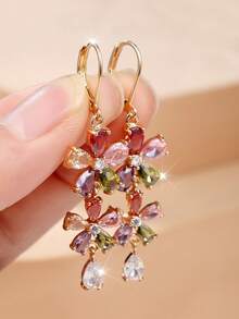 1 Pair Exquisite Cubic Zirconia Inlaid Double Layer Flower-Shaped Teardrop Pendant Earrings, For Women, Eye-Catching And Perfect For Party Looks - Color - View 1