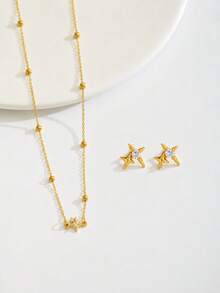 4pcs Gold Star Bead Necklace Bracelet Earrings Set Girls Jewelry, Delicate & Shiny, Suitable For Birthday Party And School Wear - Gold - View 5