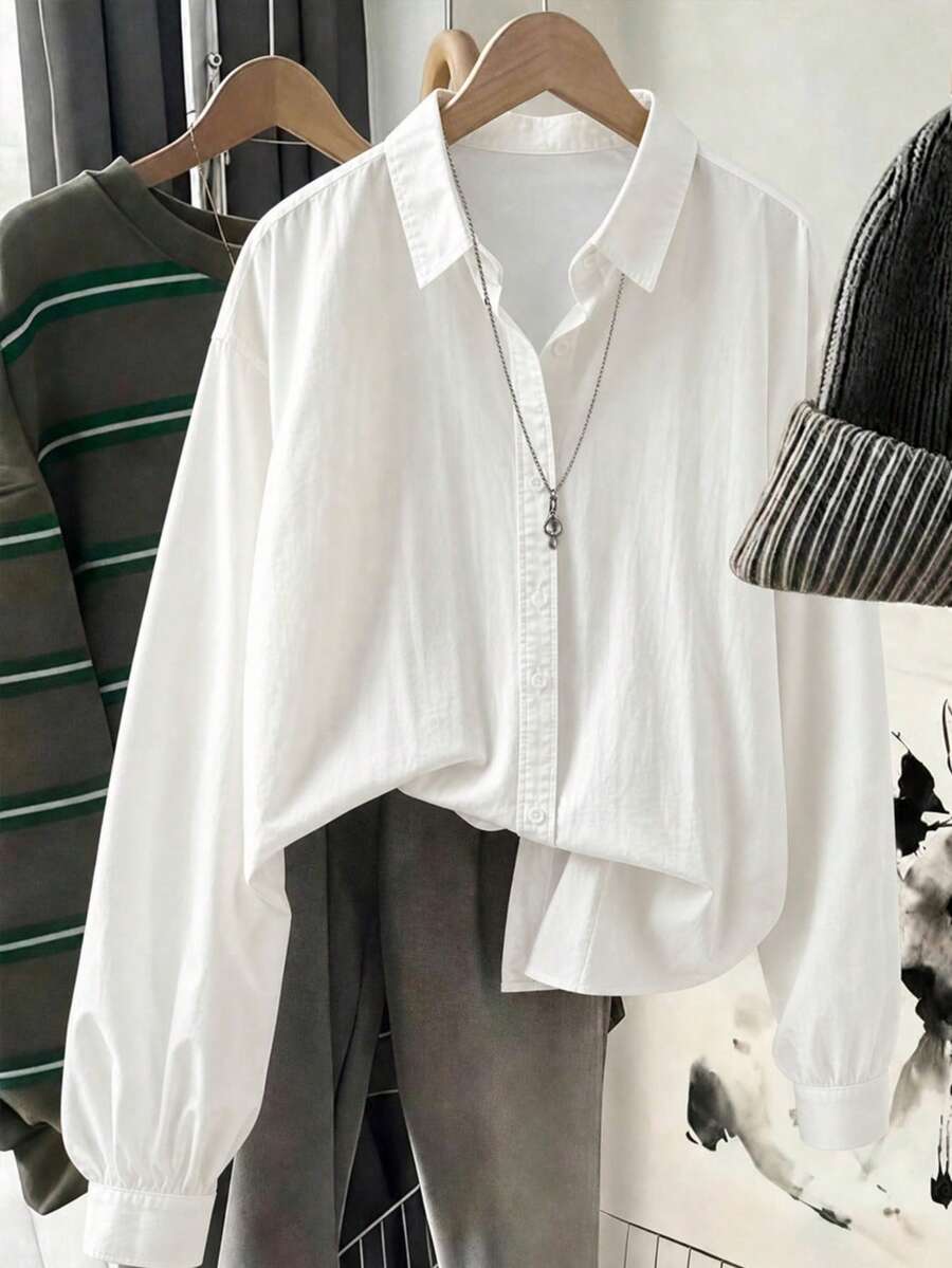 Women's Polyester Shirt Collar Top, Long Dolman Sleeve, Classic White Button Detail, Suitable For Casual Wear - White - View 1