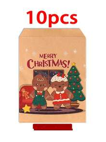 10/60pcs Christmas Candy Paper Bags Christmas Tree Santa Claus Kraft Paper Bags Holiday Party Snack Gift Packaging Bags - Mocha Brown - View 9
