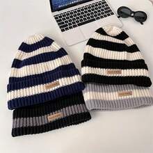 ML&ZA Women's Striped Knit Beanie, Handmade Label Decor Cuffed Winter Hat, Soft Thick Warm Knit Cap, Suitable For Daily Outdoor Cold Weather Wear - Multicolor - View 2