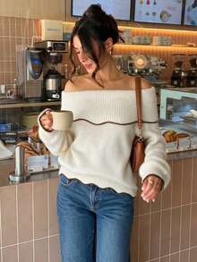 Fall Winter Women's White Off-Shoulder Sweater, Long Sleeve Pullover With Brown Scalloped Edge Detail - Beige - View 7