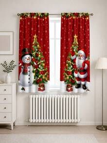 2pcs Santa Claus, Snowman, Christmas Tree Pattern Printed Curtains, Fashionable Minimalist Decorative Curtains, Polyester Fiber Lightweight Privacy Semi-Transparent Curtains, Suitable For Bedroom, Living Room, Office, Study, Christmas Home Decor - A - View 6