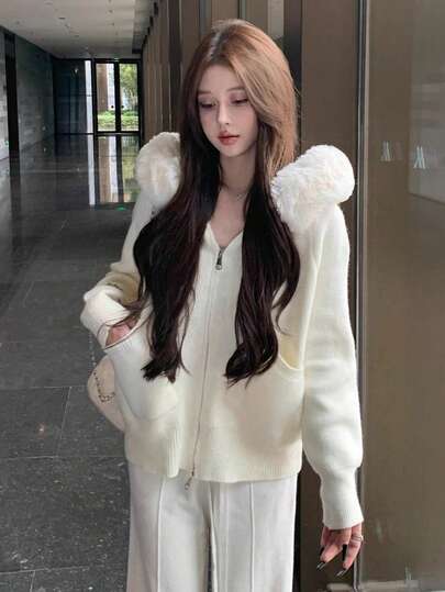Women's Loose Fur Collar Hooded Knit Cardigan Sweater, Slimming Loose Fit Autumn Top