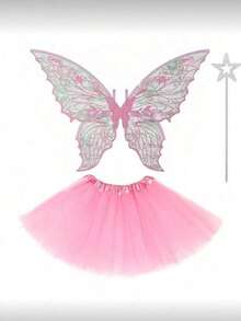 Fairy Costume Set, Butterfly Wing Flowing Dress With Star Wand Prop, Halloween Role Play Party Outfit, Transparent Mesh Butterfly Wings - Multicolor - View 12