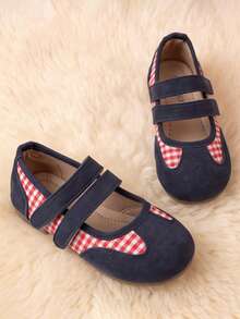Infant Soft Sole Mary Jane Flats, Navy Suede Plaid Patchwork, Double Hook And Loop Round Toe Non-Slip Baby Shoes - Navy Blue - View 1