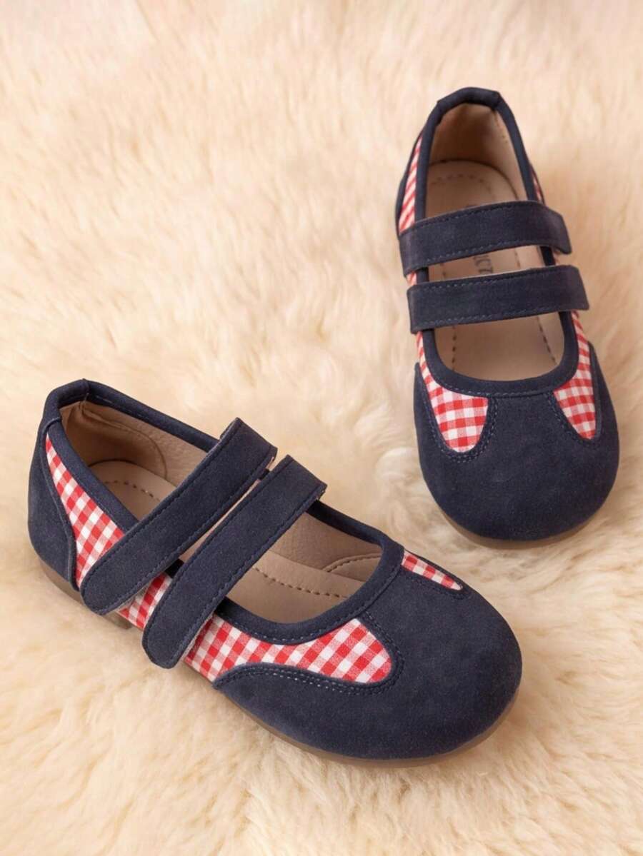 Infant Soft Sole Mary Jane Flats, Navy Suede Plaid Patchwork, Double Hook And Loop Round Toe Non-Slip Baby Shoes - Navy Blue - View 1