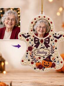 Custom Photo & Text DIY 3D Pearl Painting Hanging Decor Diamond Art, Personalized Halloween Ghost Pumpkin Bat Bow Design, Spooky Home Tree Ornament Keepsake, Halloween Birthday Gift For Pet Lovers Family And Friends - Multicolor - View 3