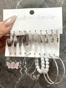 20pcs Faux Pearl Butterfly Snake Pendant Earrings Multi-Piece Set - Silver - View 9