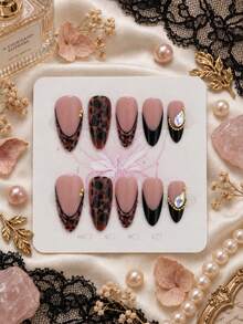 24pcs Autumn/Winter Atmosphere Leopard Print Press-On Nails Black Edge French Style Colorful Rhinestone Gold Bead Medium Long Almond Fake Nails - Multicolor - View 4