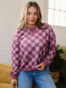 Acelitt Women's Plaid Long Sleeve Drop Shoulder Top, Ribbed Contrast Collar, Regular Fit, Suitable For Spring And Autumn Wear - Multicolor - View 1