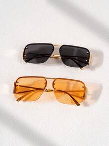 Women Rimless Square Sunglasses, Hollow Cutout Metal Temple Fashion Shades, Rivet Decor Oversized Eyewear For Beach Daily - Multicolor - View 6