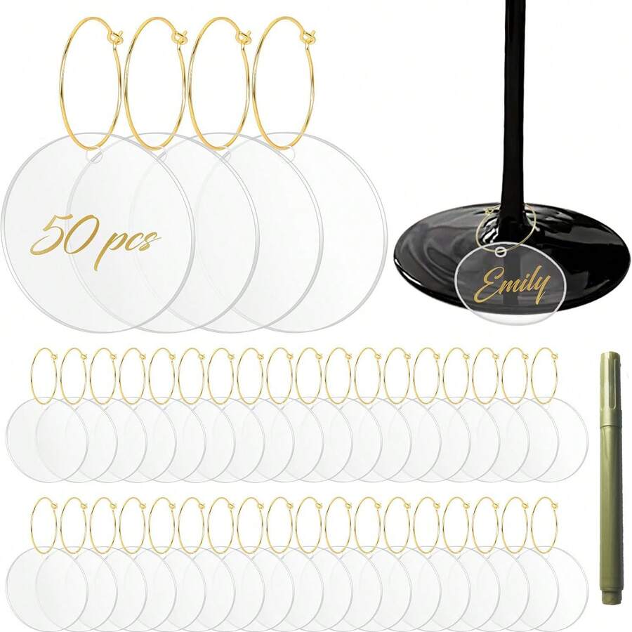 20/50pcs Wine Glass Decor Rings Round Acrylic Blank Wine Glass Marker Rings Suitable For Stemware Christmas Wedding Tasting Party Martini Glasses Birthday Decoration Identification Labels - View 1