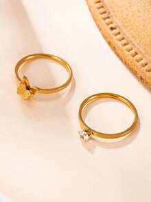 2pcs Stainless Steel Fashion Delicate Matte Butterfly Single Rhinestone Thin Band Rings For Women, Gold Color Minimalist Niche Stackable Finger Rings, Versatile Daily Commute Jewelry - Gold - View 3