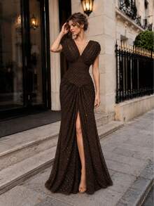 VIPGIRL Elegant Deep Brown Rhinestone Embellished Deep V-Neck Evening Gown With Cap Sleeves, Corset Waist, High Slit Long Skirt, Back Tie, For Wedding Guest, Graduation Prom, Year-End Gala, Banquet Party - Coffee Brown - View 5