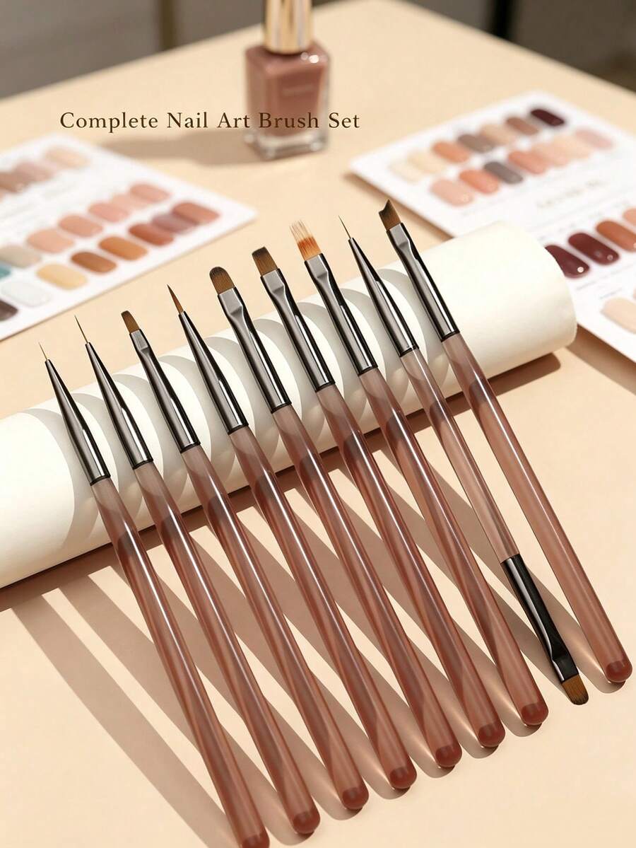 Nail Art Brush Set, Transparent Coffee Acrylic Handle Nail Painting Pens, Multi‑Function Nail Brushes For Liner, Gradient, Flower, French Tip DIY Manicure Decoration - Multicolor - View 1