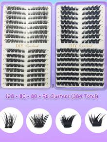 384 Clusters 4 Styles Black Mixed Length Dense Fluffy DIY Eyelash Extensions, Home Use Voluminous Single Cluster Mink-Like False Eyelashes - D - View 3
