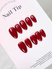 30 buah kuku palsu tempel pendek berbentuk almond berwarna merah mengkilap, bahan akrilik, termasuk 1 lembar lem gel dan 1 kikir kuku. Kuku merah. - Merah - View 1