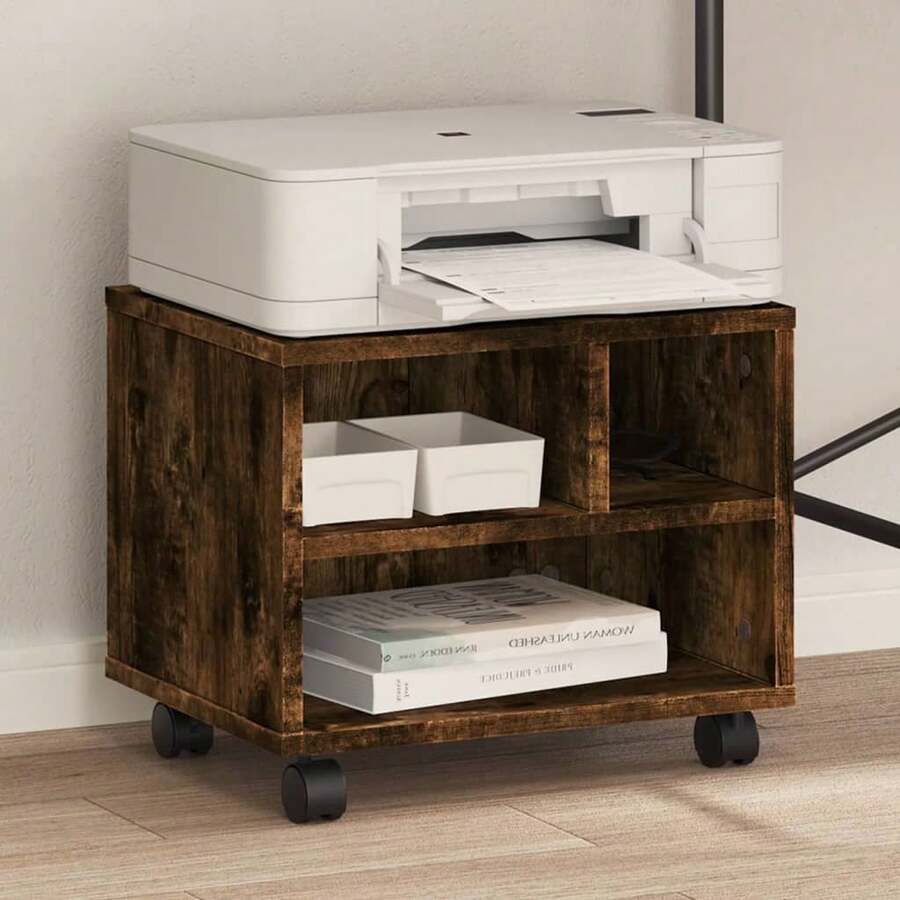 Suporte para impressora vidaXL com rodas, carvalho defumado, 41x32x34,5 cm - Castanho - Ver 1