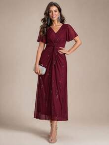 EVERPRETTY Elegant High-Elastic Comfortable Ruffle Knot Wrap Design Mid-Length Formal Evening Gown, For Wedding Guests, Mother Of The Bride,Semi-Formal Occasions - Burgundy - View 3